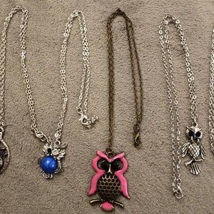 5 pc Lot OWL Necklaces w Pendants Rhinestones Colorful